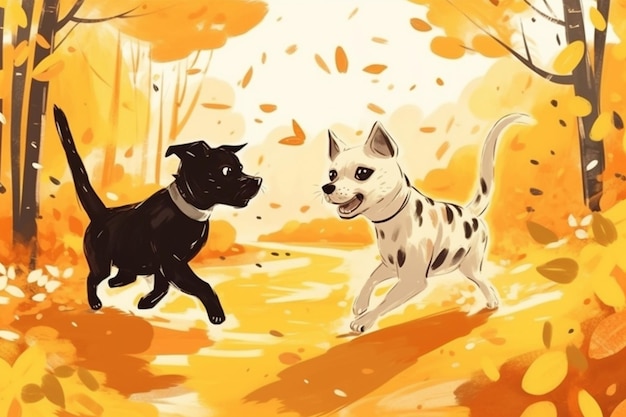 There are two dogs running in the woods together generative ai