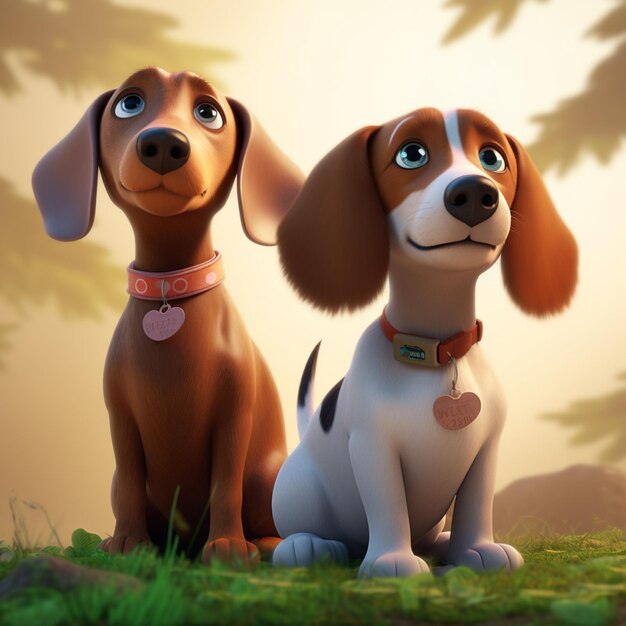 There are two dogs sitting next to each other on the grass generative ai