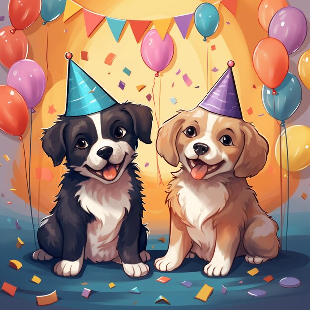 there are two dogs sitting next to each other with balloons generative ai