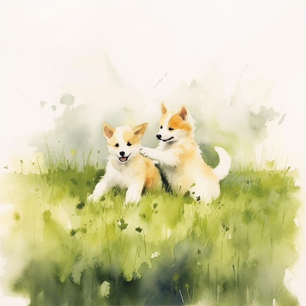 There are two dogs that are sitting in the grass together generative ai