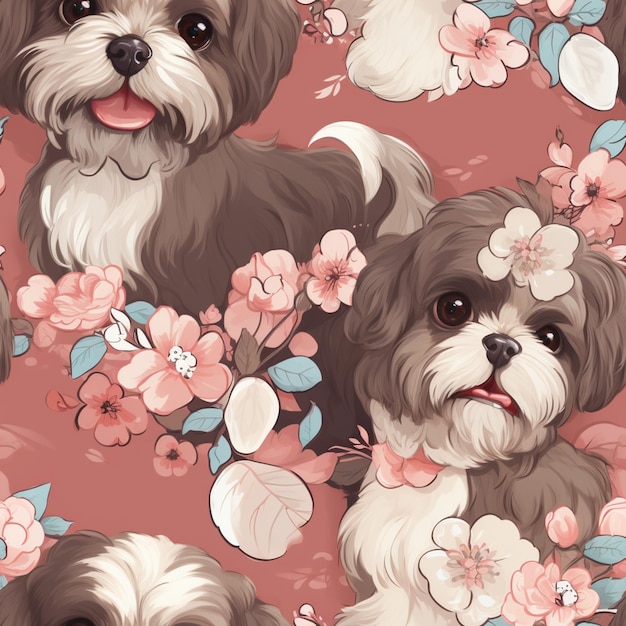 Foto ci sono due cani che sono seduti insieme su uno sfondo floreale generativo ai