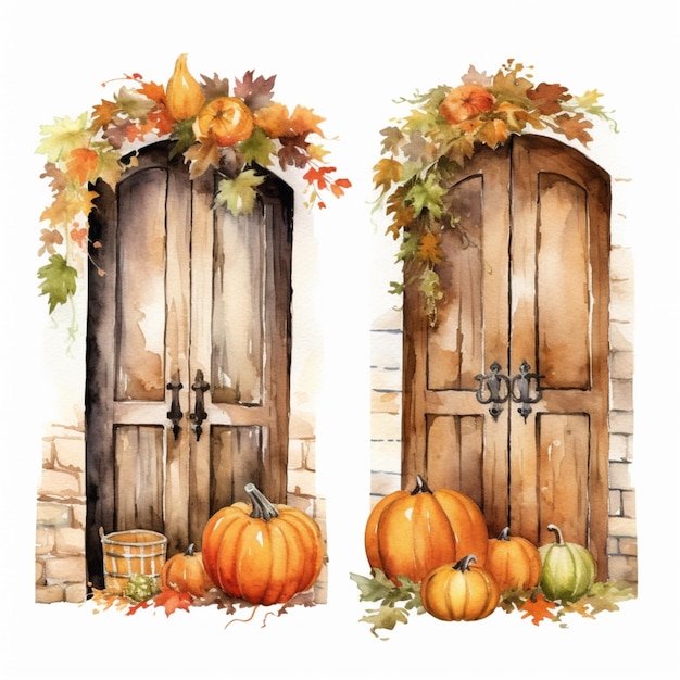 There are two doors with pumpkins and leaves on them generative ai