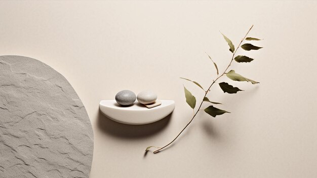 there are two eggs sitting on a white plate next to a leaf generative ai