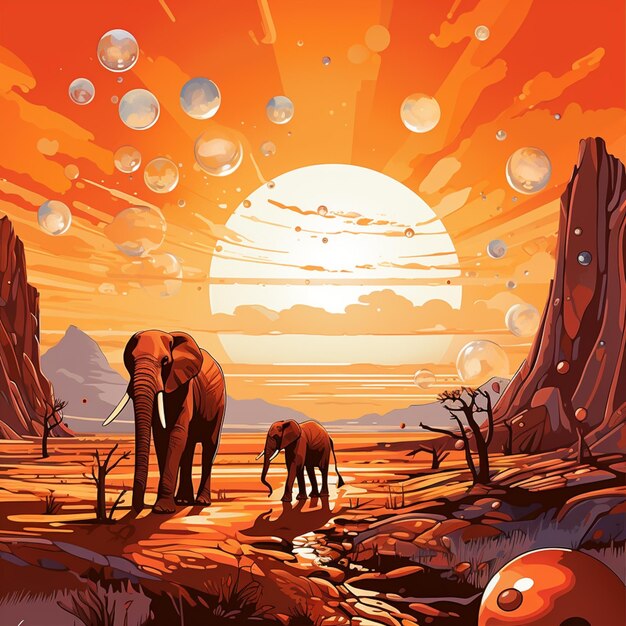 There are two elephants walking in the desert with bubbles floating in the air generative ai