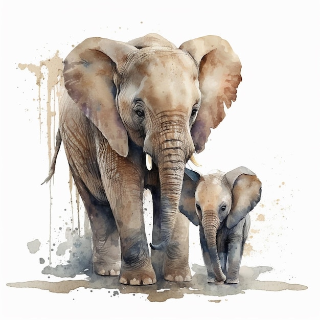 there are two elephants walking together in a watercolor painting generative ai