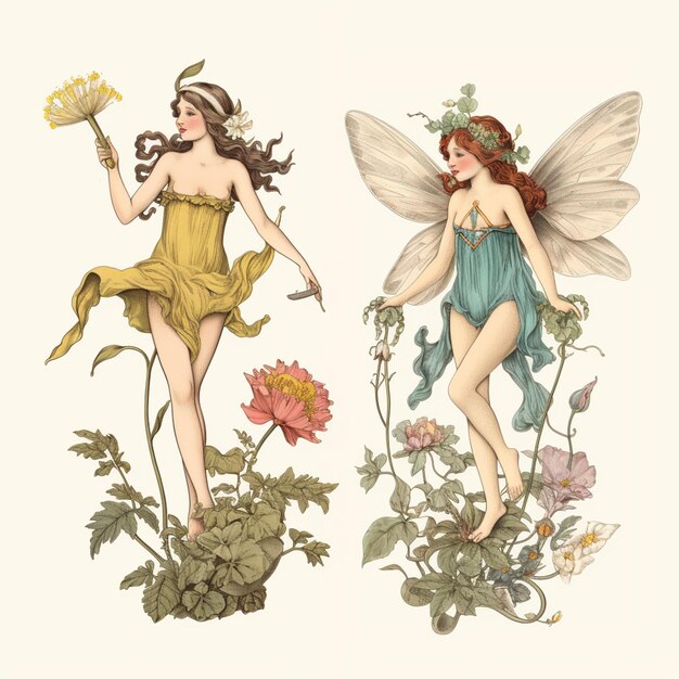 Photo there are two fairy girls with flowers and a fan in their hands generative ai