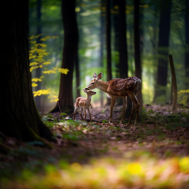 Фото В лесу вместе живут два олененка под генеративным искусственным интеллектом солнечного света