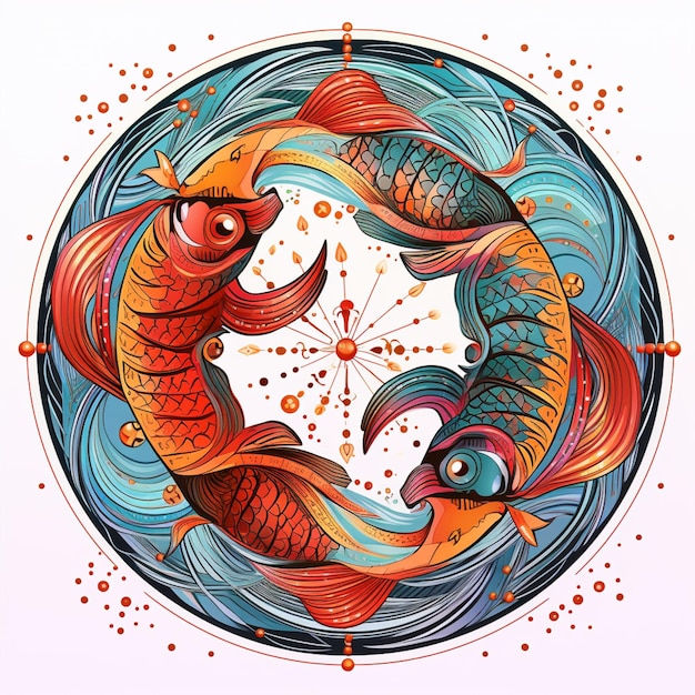 Photo there are two fish in a circle with a clock in the background generative ai