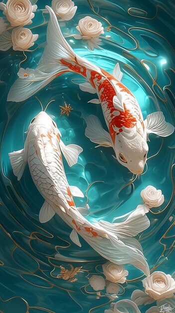 there are two fish swimming in a bowl with flowers on the water generative ai