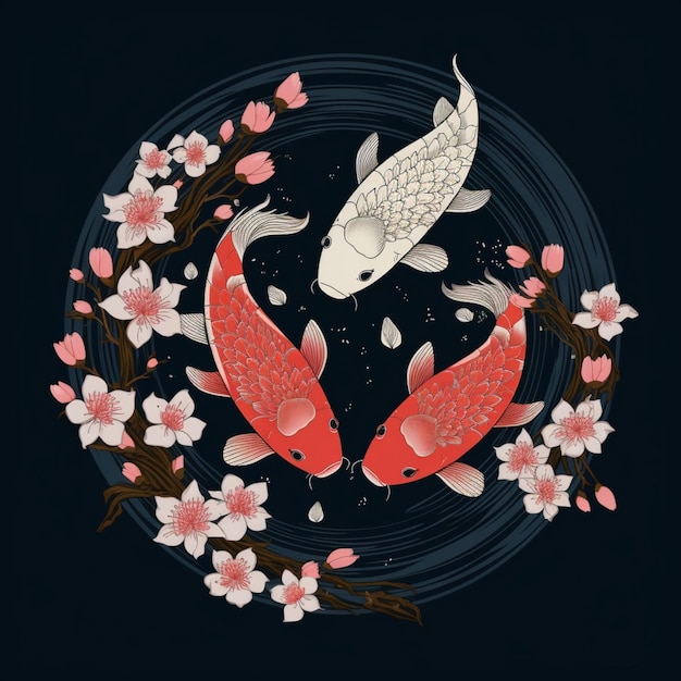 There are two fish swimming in a circle with cherry blossoms generative ai