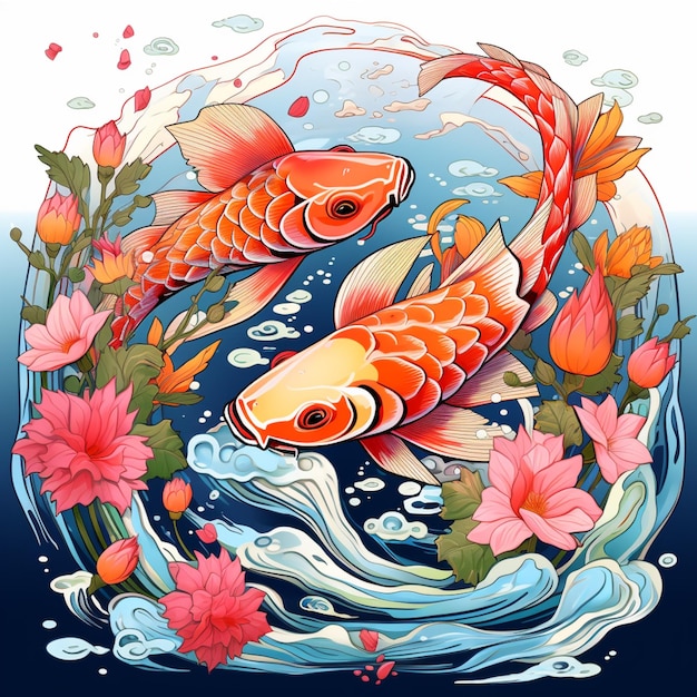 there are two fish swimming in a pond with flowers generative ai
