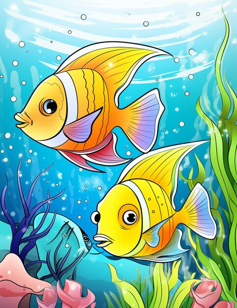 There are two fish swimming in the water near the coral generative ai