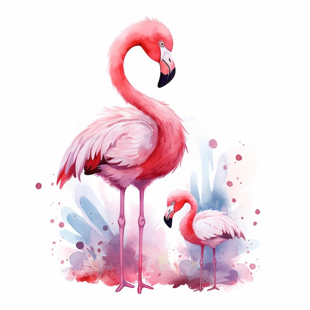 There are two flamingos standing next to each other on a white background generative ai