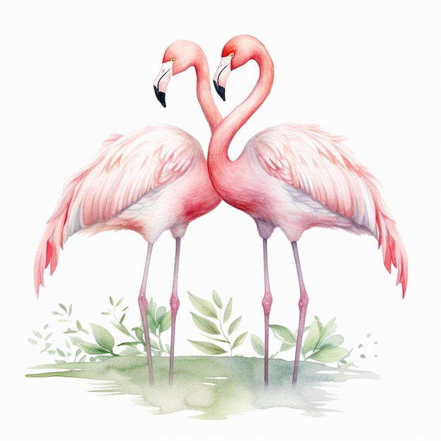 there are two flamingos standing next to each other with their necks touching generative ai