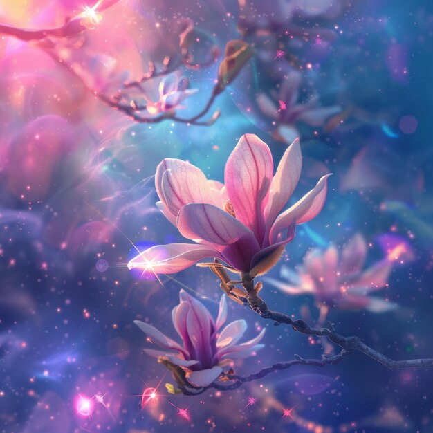 Photo there are two flowers that are blooming on a tree generative ai