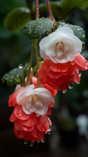 写真 水滴生成aiを持つ植物からぶら下がっている2つの花があります