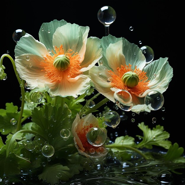 Foto ci sono due fiori che sono in acqua con bolle generative ai