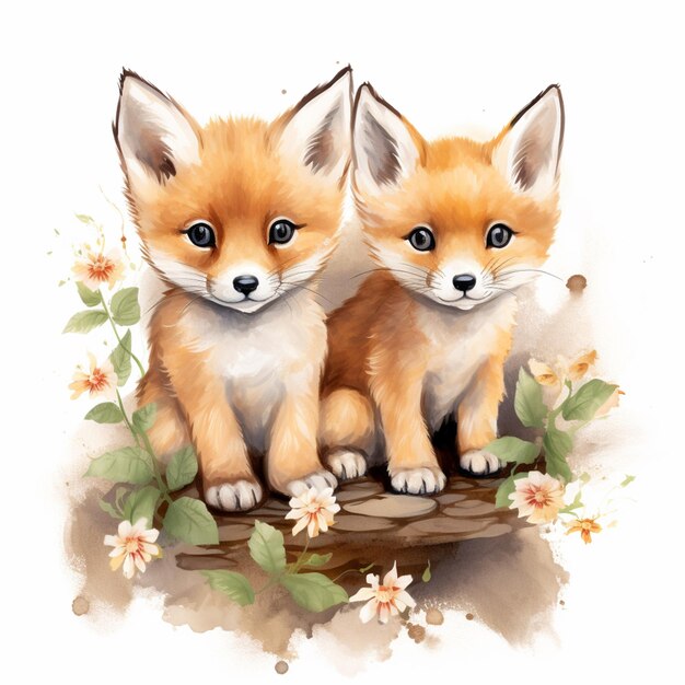 There are two foxes sitting on a log with flowers around them generative ai