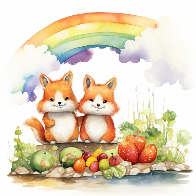 Photo there are two foxes sitting on a log with fruit and vegetables generative ai