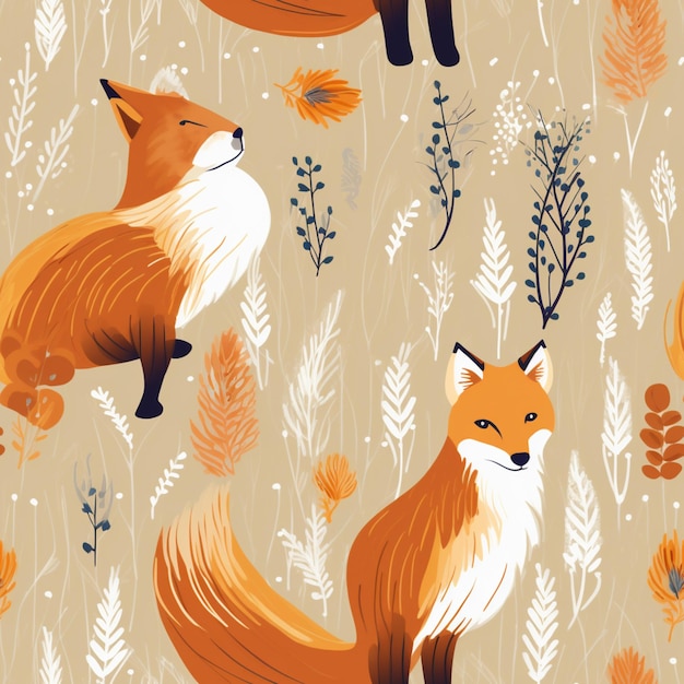 there are two foxes standing in a field of grass and plants generative ai