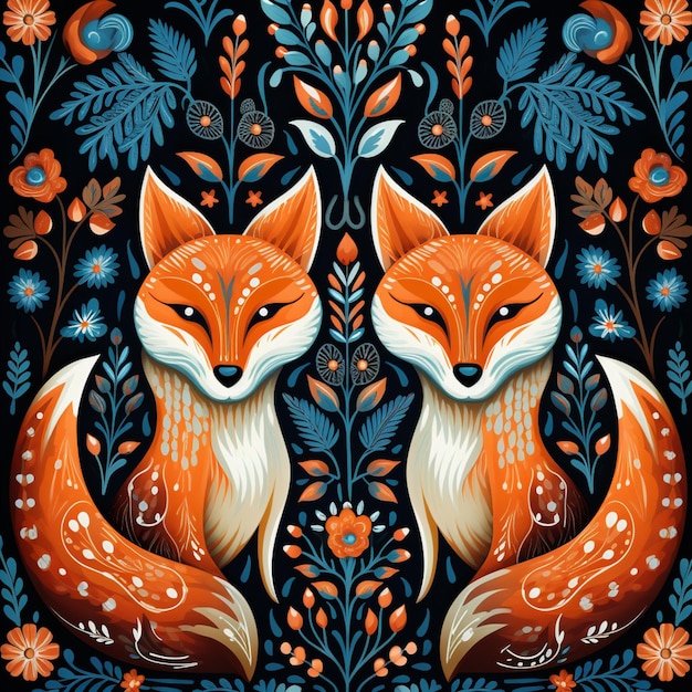 There are two foxes that are sitting in the middle of a floral pattern generative ai