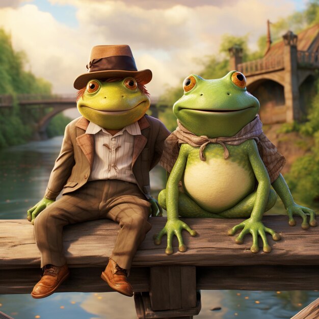 Photo there are two frogs sitting on a bridge next to each other generative ai