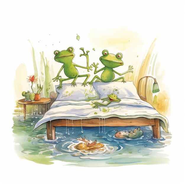 There are two frogs that are sitting on a bed together generative ai