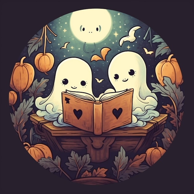 There are two ghosts reading a book in the moonlight generative ai