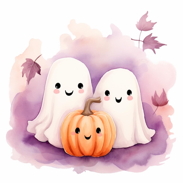 there are two ghosts sitting next to a pumpkin on a purple background generative ai