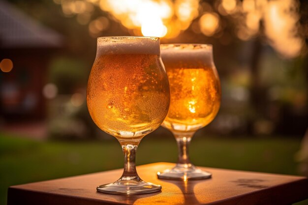 there are two glasses of beer sitting on a table outside generative ai