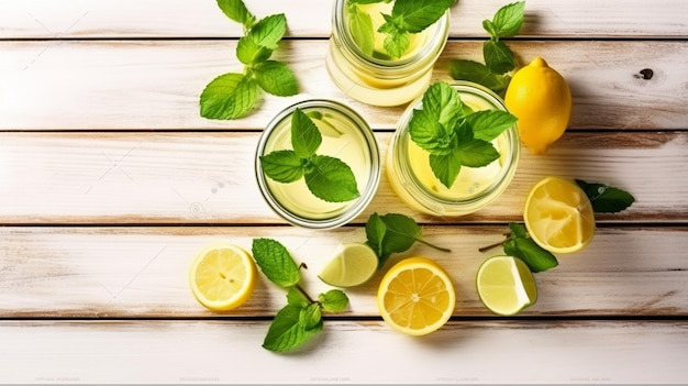 There are two glasses of lemonade with mint leaves and lemon slices generative ai