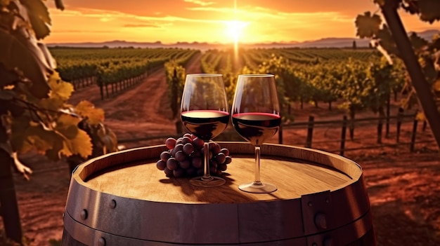 Фото Есть два стакана вина, сидящих на бочке в винограднике.