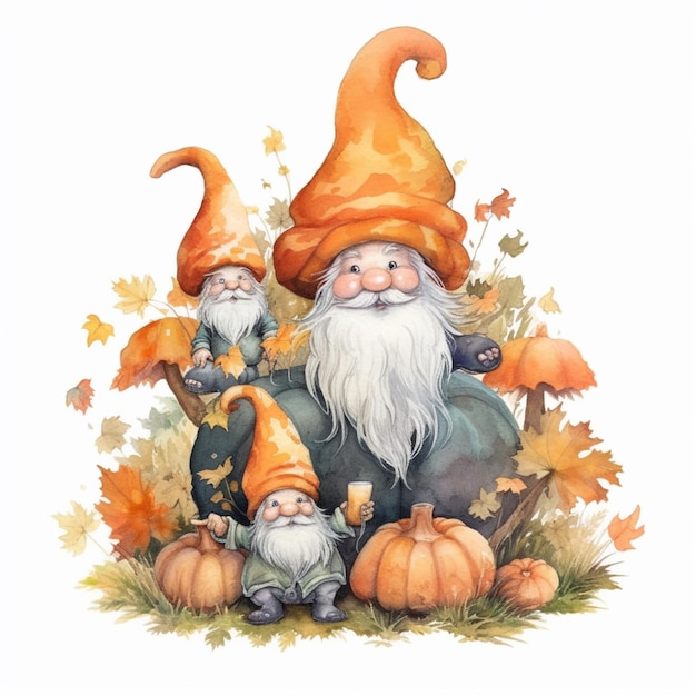 There are two gnomes sitting on a pile of pumpkins generative ai