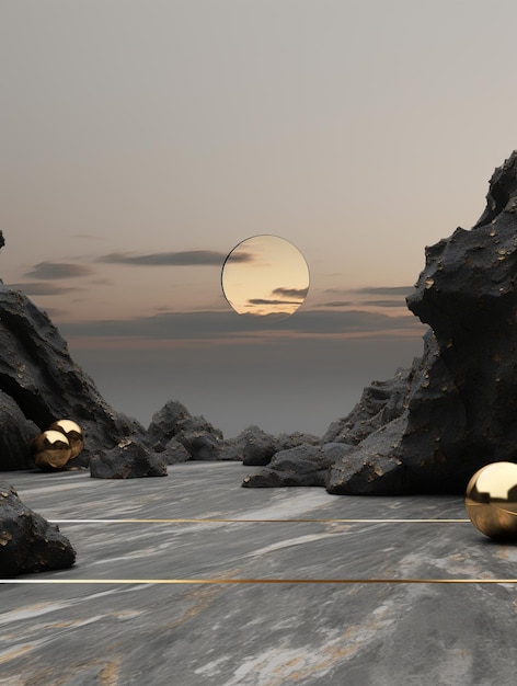 there are two golden balls sitting on a rocky surface generative ai