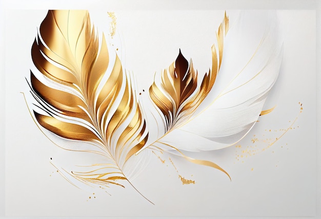 Photo there are two golden feathers on a white background with gold paint generative ai