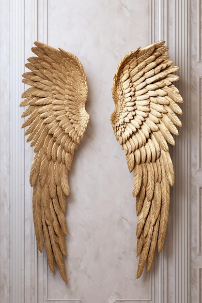 Photo there are two golden wings on a wall near a wall generative ai