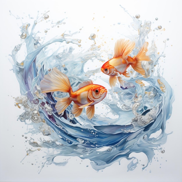 there are two goldfishs swimming in a blue wave generative ai