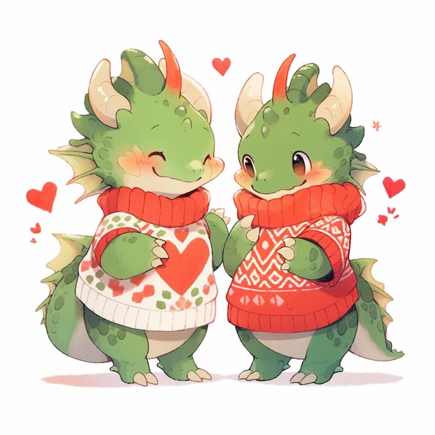 Есть два зеленых дракона с красными сердцами на спинах.