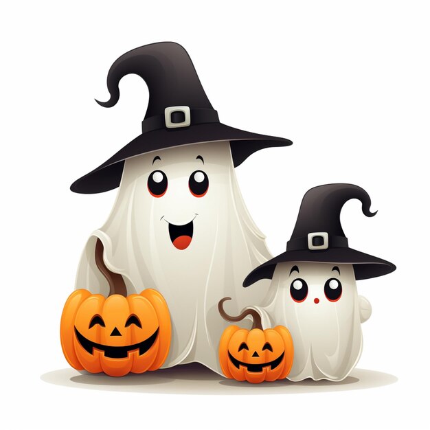 there are two halloween ghosts with pumpkins and hats on generative ai