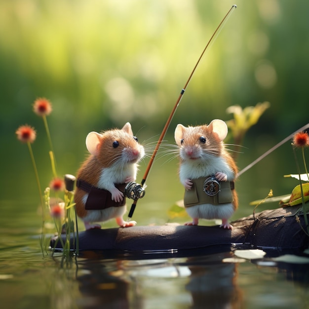 水中で釣りをしている 2 匹のハムスター生成 AI
