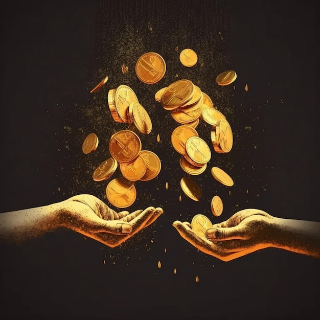 There are two hands holding coins and a hand reaching for them generative ai