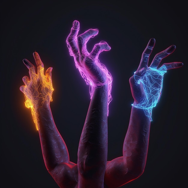 Photo there are two hands that are glowing up with neon lights generative ai