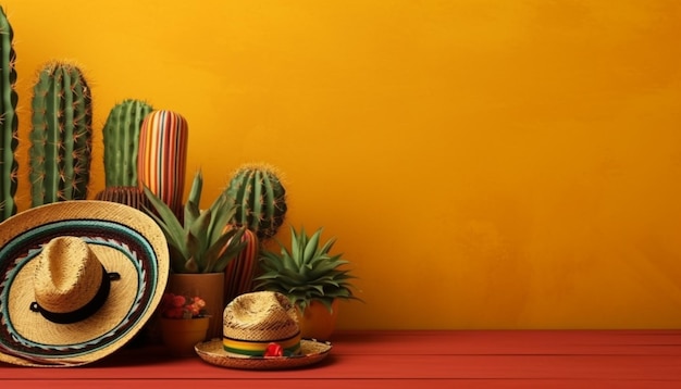 Foto ci sono due cappelli e un cactus su un tavolo generativo ai