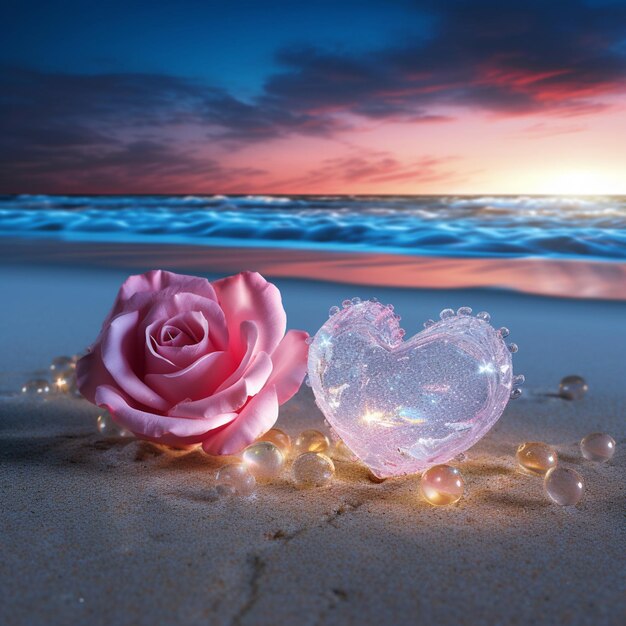 There are two hearts and a rose on the beach generative ai