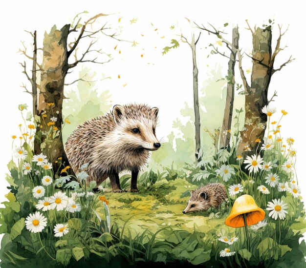 there are two hedgehogs in the grass near a mushroom generative ai