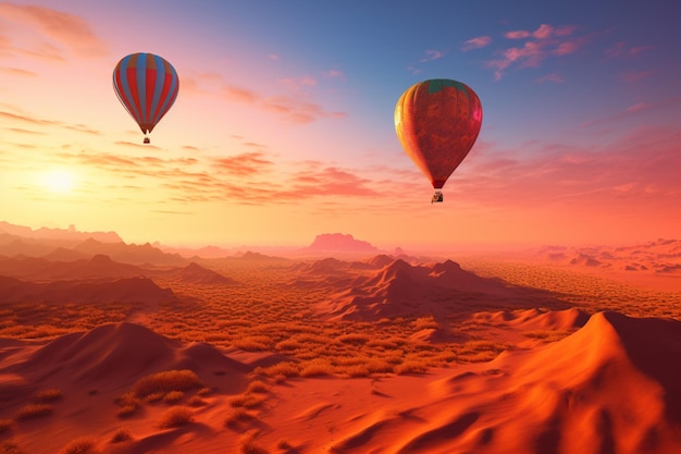 There are two hot air balloons flying over a desert landscape generative ai