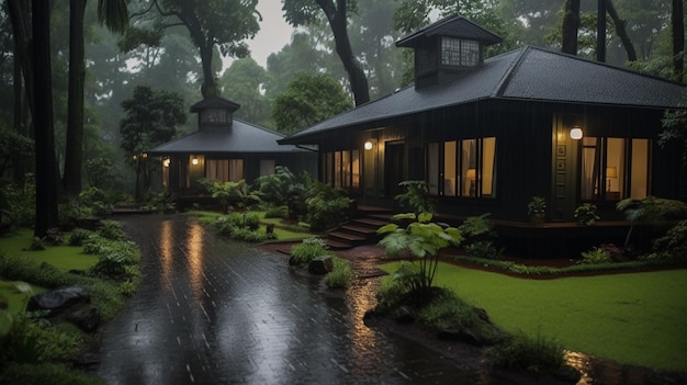 There are two houses in the rain with lights on generative ai