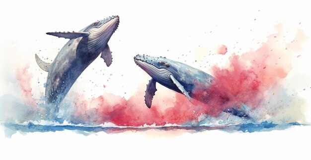 There are two humpback whales jumping out of the water generative ai