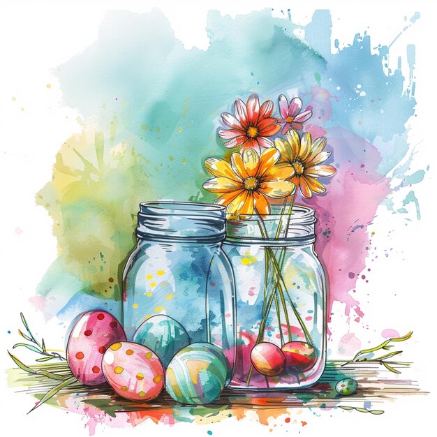 there are two jars with flowers and eggs in them generative ai