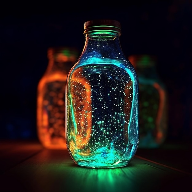 There are two jars with glowing liquid inside of them on a table generative ai